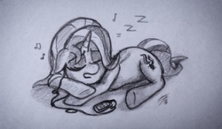 Size: 2459x1440 | Tagged: safe, starlight glimmer, pony, unicorn, g4, earbuds, eyes closed, female, hat, lying down, mare, mp3 player, nightcap, sleeping, solo, traditional art, zzz