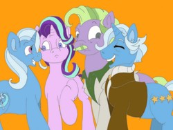 Size: 800x600 | Tagged: safe, artist:keriwi1, big bucks, jack pot, starlight glimmer, trixie, pony, unicorn, g4, grannies gone wild, clothes, daughter, eyes closed, father, father and child, father and daughter, female, group, male, mare, open mouth, orange background, quartet, simple background, smiling, stallion