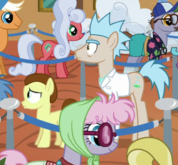 Size: 589x547 | Tagged: safe, screencap, country mile, emerald green, green gem, pacifica, pony morty, pony rick, silver waves, earth pony, pegasus, pony, g4, grannies gone wild, adventure in the comments, background pony, clothes, colt, cropped, duo focus, female, las pegasus resident, male, mare, morty smith, ponified, rick and morty, rick sanchez, stallion, this is real, this will end in death, this will end in timeline distortion