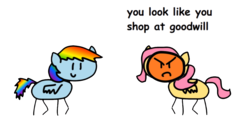 Size: 1776x940 | Tagged: safe, artist:round trip, fluttershy, rainbow dash, round trip's mlp season 8 in a nutshell, fake it 'til you make it, g4, goodwill, in a nutshell, roasted, simple background, transparent background