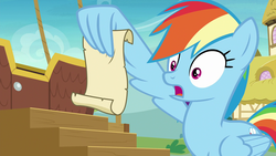 Size: 1920x1080 | Tagged: safe, screencap, rainbow dash, pegasus, pony, g4, grannies gone wild, season 8, 1080p, female, gasp, mare, meme origin, meme template, rainbow dash reading a scroll, reaction image, shocked, solo, what the fuck am i reading, wing hands, wing hold