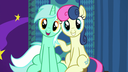Size: 1920x1080 | Tagged: safe, screencap, bon bon, lyra heartstrings, sweetie drops, earth pony, pony, unicorn, g4, grannies gone wild, season 8, adorabon, best friends, booth, cute, duo, duo female, female, grin, head tilt, looking at you, lyrabetes, mare, open mouth, raised hoof, shipping fuel, sitting, smiling, squee