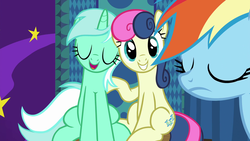 Size: 1920x1080 | Tagged: safe, screencap, bon bon, lyra heartstrings, rainbow dash, sweetie drops, g4, grannies gone wild, my little pony: friendship is magic, adorabon, cute, lyrabetes, photobomb, sitting