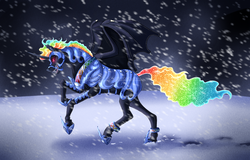 Size: 1350x862 | Tagged: safe, artist:bijutsuyoukai, oc, oc only, oc:night plight, alicorn, bat pony, bat pony alicorn, pony, alicorn oc, armor, bat pony oc, black sclera, ethereal mane, hoof shoes, magical lesbian spawn, male, offspring, parent:nightmare moon, parent:rainbow dash, parents:nightmaredash, realistic horse legs, snow, solo, stallion