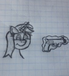 Size: 972x1080 | Tagged: safe, oc, oc only, oc:littlepip, pony, unicorn, fallout equestria, black and white, bust, fanfic, fanfic art, female, glowing horn, graph paper, grayscale, gun, handgun, horn, levitation, magic, mare, monochrome, pistol, portrait, simple background, smiling, solo, telekinesis, traditional art, weapon, white background