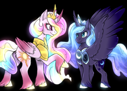 Size: 2500x1800 | Tagged: safe, artist:not-ordinary-pony, princess celestia, princess luna, alicorn, pony, g4, armor, black background, curved horn, female, glowing hooves, horn, looking at each other, mare, redesign, simple background, unshorn fetlocks, wings