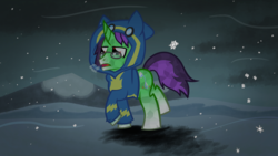 Size: 3840x2160 | Tagged: safe, oc, oc only, oc:crescent star, crystal pony, crystal unicorn, pony, clothes, cold, glasses, high res, hoodie, snow, snowfall, solo
