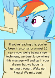 Size: 722x1024 | Tagged: safe, rainbow dash, pony, g4, grannies gone wild, my little pony: friendship is magic, exploitable meme, female, gaslighting, meme, rainbow dash reading a scroll, solo, wing hands, wings