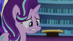 Size: 1280x720 | Tagged: safe, edit, edited screencap, screencap, starlight glimmer, pony, g4, the crystalling, animated, anxiety, bell, book, bookshelf, darkness, desk, eyes closed, fear, female, gritted teeth, lighting, noise, panic attack, ptsd, ptsd glimmer, scared, silent hill, slow motion, solo, sound, sweat, twilight's castle, twilight's castle library, webm, wince, zoom, zoom in