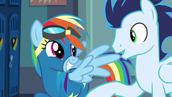 Size: 1920x1080 | Tagged: safe, screencap, rainbow dash, soarin', pegasus, pony, g4, grannies gone wild, clothes, duo, female, goggles, grin, locker room, male, mare, smiling, spread wings, stallion, uniform, wings, wonderbolts uniform