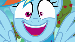 Size: 1920x1080 | Tagged: safe, screencap, rainbow dash, pony, g4, grannies gone wild, season 8, apple tree, faic, female, grin, mismatched eyes, rainbow dash is best facemaker, rapeface, smiling, solo, tree