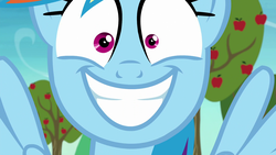 Size: 1920x1080 | Tagged: safe, screencap, rainbow dash, pony, g4, grannies gone wild, season 8, apple tree, faic, female, grin, mismatched eyes, rainbow dash is best facemaker, rapeface, smiling, solo, tree