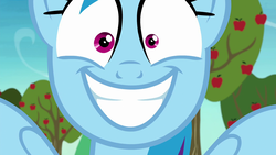 Size: 1920x1080 | Tagged: safe, screencap, rainbow dash, pony, grannies gone wild, apple tree, faic, female, grin, mismatched eyes, rainbow dash is best facemaker, rapeface, smiling, solo, tree