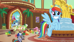 Size: 1920x1080 | Tagged: safe, screencap, apple rose, auntie applesauce, butterscotch sweets, country mile, goldie delicious, granny smith, rainbow dash, earth pony, pegasus, pony, g4, grannies gone wild, cute, dashabetes, female, grin, luggage, mare, smiling, sunglasses