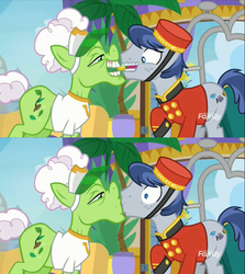 Size: 756x848 | Tagged: safe, edit, edited screencap, screencap, auntie applesauce, welcome inn, earth pony, pony, g4, grannies gone wild, bellhop pony, bellsauce, bits, clothes, coin, discovery family logo, eyes on the prize, female, hat, kiss edit, kiss on the lips, kissing, male, mare, sexual harassment, shipping, shirt, stallion, straight