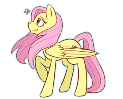 Size: 900x720 | Tagged: safe, artist:kiramera, fluttershy, butterfly, pegasus, pony, g4, female, looking at something, looking up, mare, outline, profile, raised hoof, simple background, solo, transparent background, windswept mane, wings
