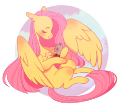 Size: 1024x903 | Tagged: safe, artist:johnathan-leviathan, fluttershy, oc, oc:soothing breeze, hybrid, pegasus, pony, g4, chest fluff, cute, duo, ear fluff, eyes closed, female, fluttermom, hoof hold, interspecies offspring, mare, missing cutie mark, motherly, ocbetes, offspring, parent:discord, parent:fluttershy, parents:discoshy, shyabetes, simple background, smiling, spread wings, story included, transparent background, wings
