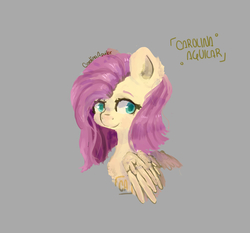 Size: 1573x1464 | Tagged: safe, artist:icecreamsandwich12, fluttershy, pegasus, pony, g4, alternate hairstyle, bust, female, gray background, looking at you, mare, portrait, short mane, simple background, smiling, solo, wings