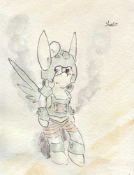 Size: 683x889 | Tagged: safe, artist:slightlyshade, pegasus, pony, armor, belly button, bipedal, midriff, solo, traditional art
