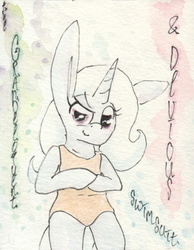Size: 692x893 | Tagged: safe, artist:slightlyshade, trixie, pony, g4, bipedal, clothes, female, one-piece swimsuit, solo, swimsuit, traditional art