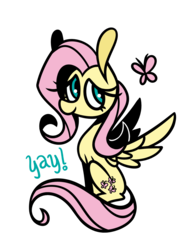 Size: 1174x1515 | Tagged: safe, artist:liarlofi, fluttershy, butterfly, pegasus, pony, g4, female, looking at you, looking sideways, mare, simple background, sitting, smiling, solo, spread wings, transparent background, wings, yay