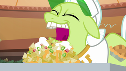 Size: 1920x1080 | Tagged: safe, screencap, granny smith, earth pony, pony, g4, grannies gone wild, chips, female, food, hat, mare, nachos, solo