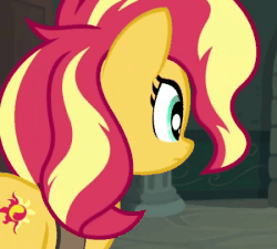 Size: 450x405 | Tagged: safe, screencap, sunset shimmer, pony, unicorn, equestria girls, equestria girls series, forgotten friendship, g4, most likely to be forgotten, animated, cropped, cute, female, gif, looking at you, looking back, looking back at you, mare, pouting, reaction image, shimmerbetes, solo, unamused