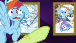 Size: 1966x1107 | Tagged: safe, edit, edited screencap, screencap, granny smith, rainbow dash, trixie, equestria girls, equestria girls specials, g4, grannies gone wild, my little pony equestria girls: better together, my little pony equestria girls: forgotten friendship, clothes, cutie mark on clothes, dress, granny smith choosing poster, jacket, jewelry, joker, magic, magic show, magic trick, magic wand, meme, necklace, playing card, poster