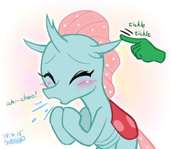 Size: 675x588 | Tagged: safe, artist:uotapo, ocellus, changedling, changeling, human, g4, blushing, cute, cuteling, diaocelles, female, hand, simple background, sneezing