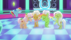 Size: 1920x1080 | Tagged: safe, screencap, apple rose, auntie applesauce, goldie delicious, granny smith, rainbow dash, earth pony, pegasus, pony, g4, grannies gone wild, dance club, elderly, female, gold horseshoe gals, loose hair, mare