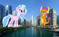 Size: 2880x1800 | Tagged: safe, artist:dashiesparkle, artist:theotterpony, silverstream, smolder, classical hippogriff, dragon, hippogriff, g4, chicago, city, dragoness, duo, duo female, female, giant dragon, giantess, illinois, irl, macro, photo, river, story in the source