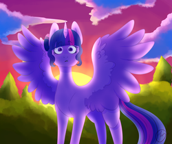 Size: 2500x2100 | Tagged: safe, artist:johnathan-leviathan, sci-twi, twilight sparkle, alicorn, pony, equestria girls, g4, alicornified, equestria girls ponified, female, high res, looking at you, mare, ponified, race swap, scenery, sci-twilicorn, solo, spread wings, sunset, surprised, twilight sparkle (alicorn), wings
