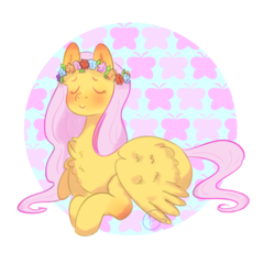 Size: 1500x1500 | Tagged: safe, artist:johnathan-leviathan, fluttershy, pegasus, pony, g4, abstract background, blushing, cutie mark background, eyes closed, female, floral head wreath, flower, lying down, mare, peaceful, simple background, smiling, solo, transparent background