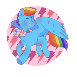 Size: 1500x1500 | Tagged: safe, artist:johnathan-leviathan, rainbow dash, pegasus, pony, g4, abstract background, alternate hairstyle, blushing, chest fluff, cutie mark background, eyes closed, female, mare, simple background, smiling, solo, spread wings, thick eyebrows, transparent background, wings, wreath