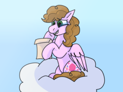 Size: 2048x1536 | Tagged: safe, artist:healingstreet, artist:kindheart525, oc, oc only, oc:confetti surprise, pegasus, pony, kindverse, cloud, collaboration, crying, offspring, parent:cheese sandwich, parent:pinkie pie, parents:cheesepie, solo