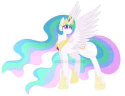 Size: 800x619 | Tagged: safe, artist:traveleraoi, princess celestia, alicorn, pony, g4, cutie mark, ethereal mane, female, jewelry, mare, redraw, regalia, simple background, smiling, solo, spread wings, starry mane, transparent background, watermark, wings