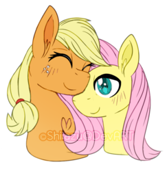 Size: 600x617 | Tagged: safe, artist:traveleraoi, applejack, fluttershy, pony, g4, blushing, bust, eyes closed, female, freckles, hair tie, lesbian, mare, missing accessory, nuzzling, ship:appleshy, shipping, simple background, smiling, transparent background, watermark