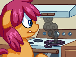 Size: 800x600 | Tagged: safe, artist:rangelost, oc, oc only, oc:trailblazer, earth pony, pony, cyoa:d20 pony, colored, cooking, cyoa, description is relevant, female, frying pan, mare, panic, pixel art, smoke, solo, story included, stove
