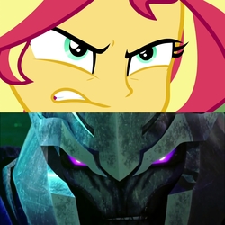 Size: 2560x2560 | Tagged: safe, artist:optimussparkle, sunset shimmer, equestria girls, equestria girls series, forgotten friendship, g4, angry, clash of hasbro's titans, comparison, decepticon, high res, megatron, purple eyes, transformers, transformers prime