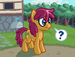 Size: 800x600 | Tagged: safe, artist:rangelost, oc, oc only, oc:trailblazer, earth pony, pony, cyoa:d20 pony, cloud, colored, cyoa, description is relevant, female, grass, house, mailbox, mare, pixel art, question mark, solo, speech bubble, story included, thought bubble, tree