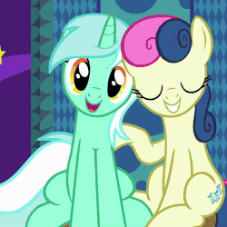 Size: 800x800 | Tagged: safe, screencap, bon bon, lyra heartstrings, rainbow dash, sweetie drops, earth pony, pony, unicorn, g4, grannies gone wild, adorabon, animated, best friends, cropped, cute, dashabetes, female, grin, head tilt, looking at you, lyrabetes, mare, open mouth, photobomb, raised hoof, shipping fuel, sitting, smiling, squee