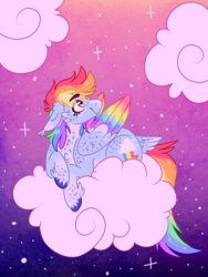 Size: 768x1024 | Tagged: safe, artist:wanderingpegasus, rainbow dash, pony, g4, cheek fluff, chest fluff, cloud, colored wings, female, multicolored wings, night, solo, stars, unshorn fetlocks