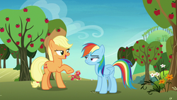 Size: 1280x720 | Tagged: safe, screencap, applejack, big macintosh, rainbow dash, cat, g4, grannies gone wild, apple tree, lidded eyes, tree