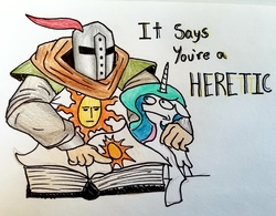 Size: 3495x2726 | Tagged: safe, artist:smirk, princess celestia, alicorn, human, pony, g4, armor, book, colored pencil drawing, dark souls, duo, female, helmet, heretic, high res, human male, male, man, mare, praise the sun, request, solaire of astora, traditional art