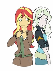 Size: 630x845 | Tagged: safe, artist:horsegirlpodcast, sunset shimmer, equestria girls, g4, clothes swap, costume swap, crossover, diana cavendish, little witch academia, looking at each other, smiling