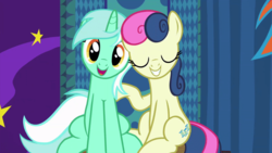 Size: 800x450 | Tagged: safe, screencap, bon bon, lyra heartstrings, sweetie drops, earth pony, pony, unicorn, g4, grannies gone wild, best friends, duo, eyes closed, shipping fuel, sitting, smiling