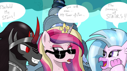 Size: 1024x576 | Tagged: dead source, safe, artist:susanzx2000, king sombra, princess cadance, silverstream, classical hippogriff, hippogriff, g4, crystal empire, funny, stairs, starry eyes, sunglasses, watermark, wingding eyes