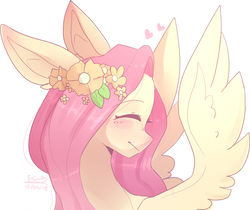 Size: 1919x1615 | Tagged: safe, artist:erinartista, fluttershy, pegasus, pony, g4, blushing, bust, cute, eyes closed, female, floral head wreath, flower, heart, mare, portrait, simple background, smiling, solo, spread wings, turned head, white background, wings
