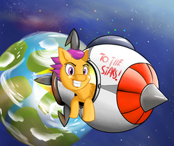 Size: 2906x2446 | Tagged: safe, artist:simmerdashy, scootaloo, pony, g4, cloud, cute, cutealoo, determined, female, high res, planet, retro, rocket, smiling, solo, space, spaceship, stars, teeth, text