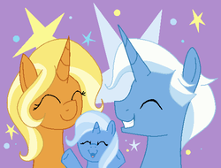 Size: 540x410 | Tagged: safe, artist:anonymous, idw, jack pot, sunflower spectacle, trixie, pony, unicorn, g4, grannies gone wild, spoiler:comic, spoiler:comic40, abstract background, cute, daughter, diatrixes, eyes closed, family, father and daughter, father and mother, female, filly, filly trixie, grin, happy, hooves up, like father like daughter, like mother like daughter, like parent like child, male, mother and daughter, mother and father, ms paint, reunited, ship:jacktacle, smiling, trio, trixie's family, trixie's parents, young, younger